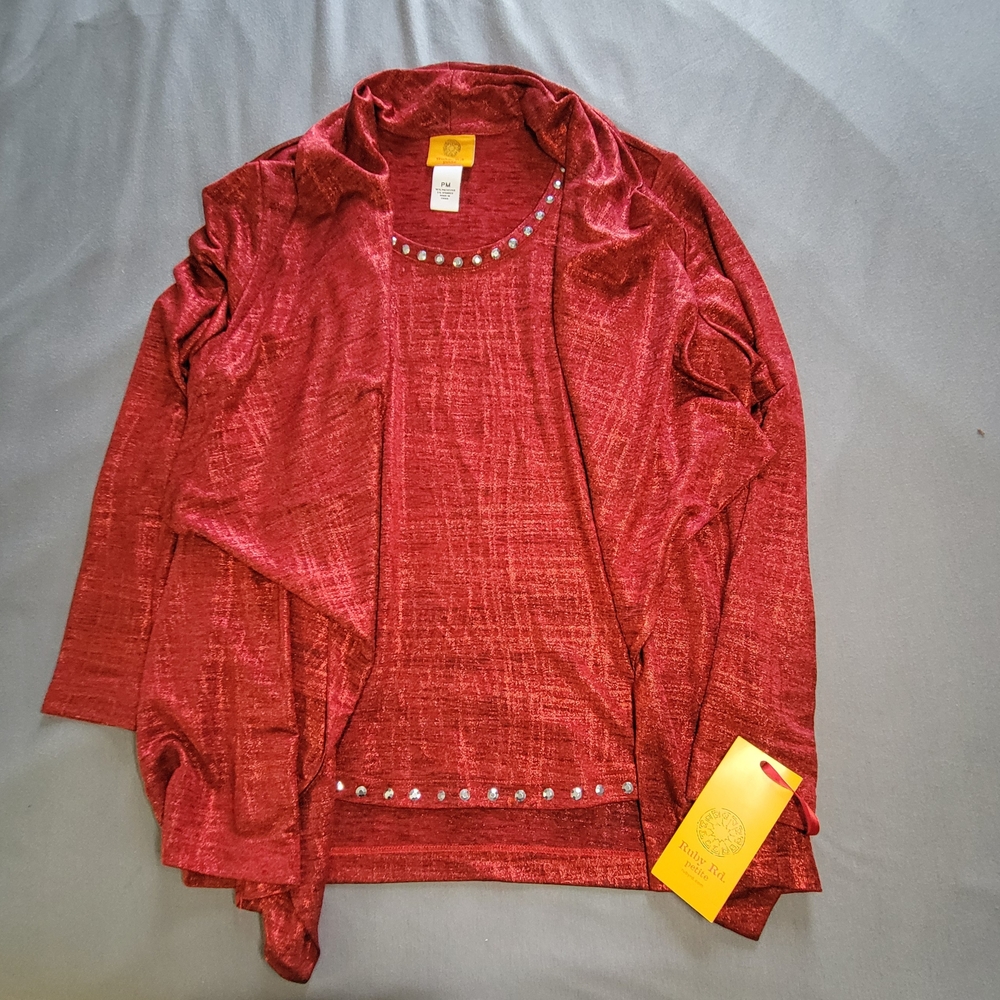 Ruby Rd Petite M Metallic Red Cardigan Twinset with Rhinestone Accents